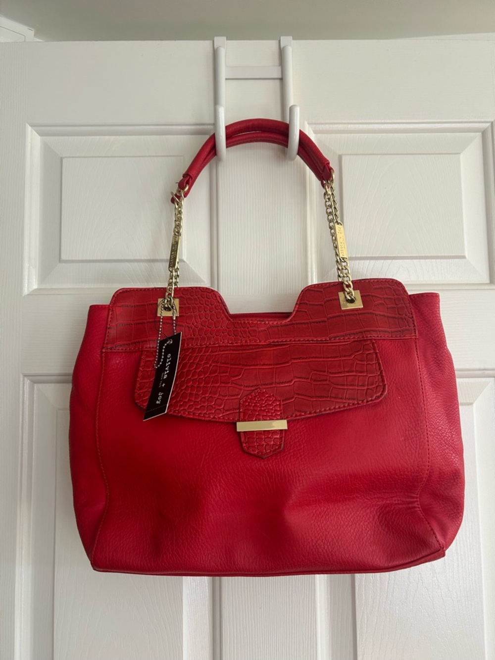 Women's Red Tote Bag with Croc-Textured Flap and Chain Handles